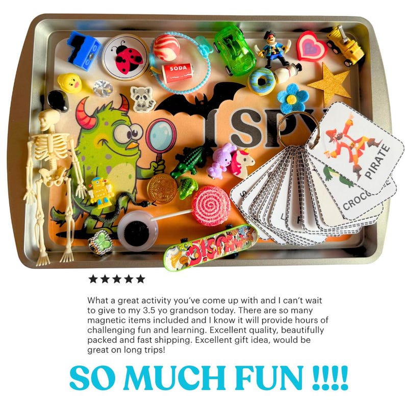 May include: A tray filled with colourful magnetic toys and cards. Items include a green monster, a skeleton, a skateboard, a ladybug, and cards with the words "PIRATE" and "CROC". The text "SO MUCH FUN !!!!" is at the bottom of the image.