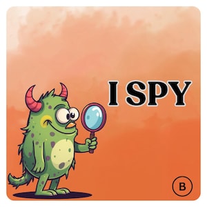May include: A cartoon image featuring a green monster with red horns and a magnifying glass. The words "I SPY" are displayed in black on an orange background. The monster is smiling.
