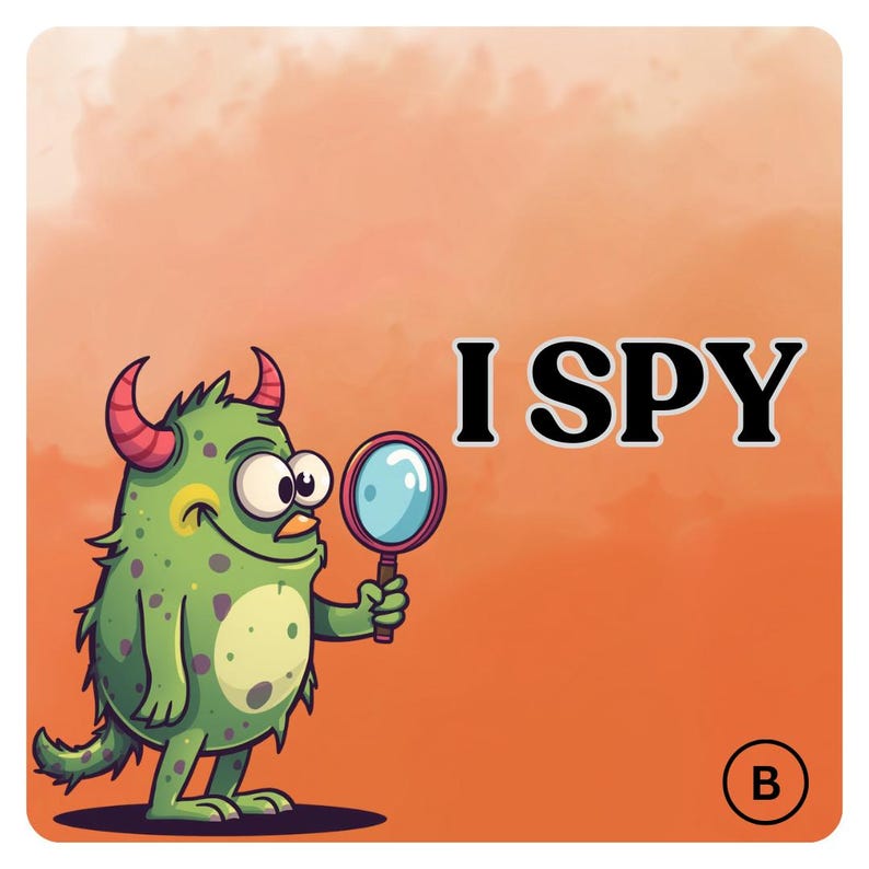 May include: A cartoon image featuring a green monster with red horns and a magnifying glass. The words "I SPY" are displayed in black on an orange background. The monster is smiling.