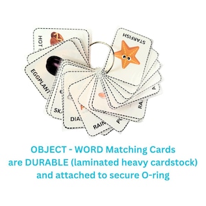 May include: A collection of white flashcards with black text and illustrations, held together by a silver ring. The cards display words such as "eggplant" and "starfish". The text "OBJECT - WORD Matching Cards" is visible.