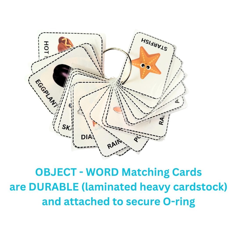 May include: A collection of white flashcards with black text and illustrations, held together by a silver ring. The cards display words such as "eggplant" and "starfish". The text "OBJECT - WORD Matching Cards" is visible.