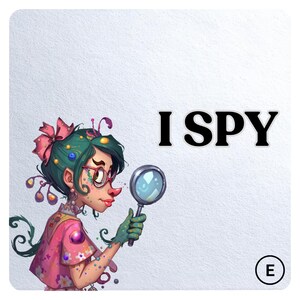 May include: A cartoon illustration featuring a character with green hair and glasses, holding a magnifying glass. The words "I SPY" are written in bold, black letters.