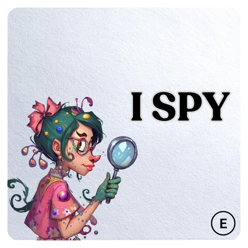 May include: A cartoon illustration featuring a character with green hair and glasses, holding a magnifying glass. The words "I SPY" are written in bold, black letters.