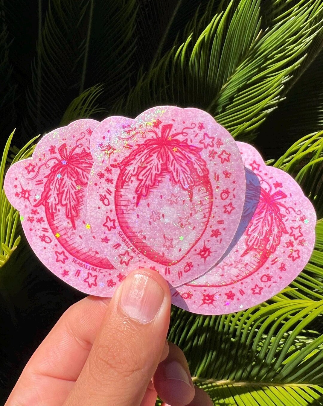 Pink Strawberry Stickers | Fruit | Cute Sparkle Holographic Sticker ...