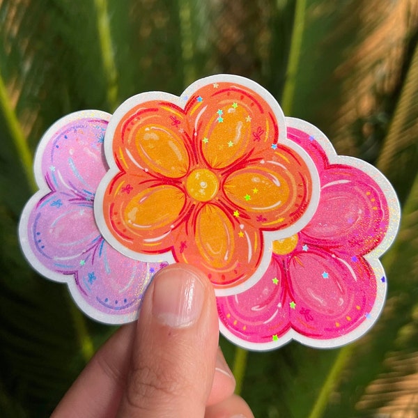 Flower Stickers | Cute Sparkle Holographic Sticker | Summer Stickers | Best friend Stickers | Pink Flowers | Cute Anime stickers