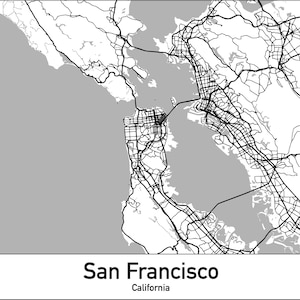 Puede incluir: Mapa en blanco y negro de San Francisco, California, que muestra las calles de la ciudad y los principales puntos de referencia.
