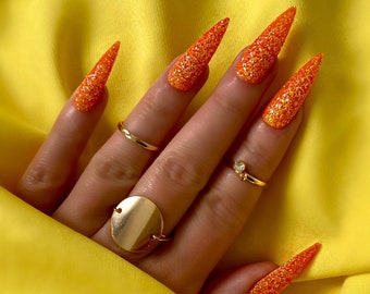 ORANGE GLITTER SUGAR/ Press on nails/ Sugar nails/ Gel nails/ Glitter nails/ Stiletto nails/ Long nails/ Orange nails/ ***Reusable nails
