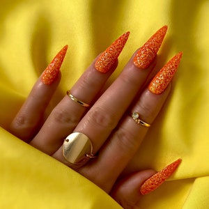 ORANGE GLITTER SUGAR/ Press on nails/ Sugar nails/ Gel nails/ Glitter nails/ Stiletto nails/ Long nails/ Orange nails/ ***Reusable nails