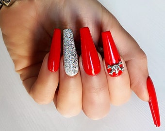 RED BLING NAILS/ Press on nails/ Glitter nails/ Long nails/ Coffin nails/ Rhinestone nails/ Valentine’s Day nails/ Glue on nails/ skull/