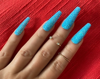BLUE GLITTER SUGAR/ Press on nails/ Coffin nails/ Stiletto nails/ Long nails/ Glue on nails/ Sugar coated nails/ Glitter nails/ ***Reusable