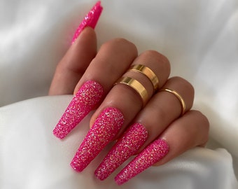 PINK GLITTER SUGAR/ Press on nails/ Pink nails/ Coffin nails/ Glitter nails/ Long nails/ Glitter/ Pink/ Valentine’s Day nails/  ***Reusable