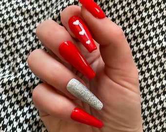 RED GLITTER LOVE/ Press on nails/ Glitter nails/ Long nails/ Coffin nails/ Heart nails/ Valentine’s Day nails/ Glue on nails/ Hearts