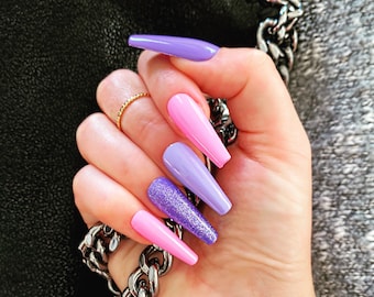 PURPLE PINK MIX / Press on nails/ Purple nails/ Long nails/ Gel nails/ Manicure/ Coffin nails/ Nail design/ Nail art/ *Reusable nails