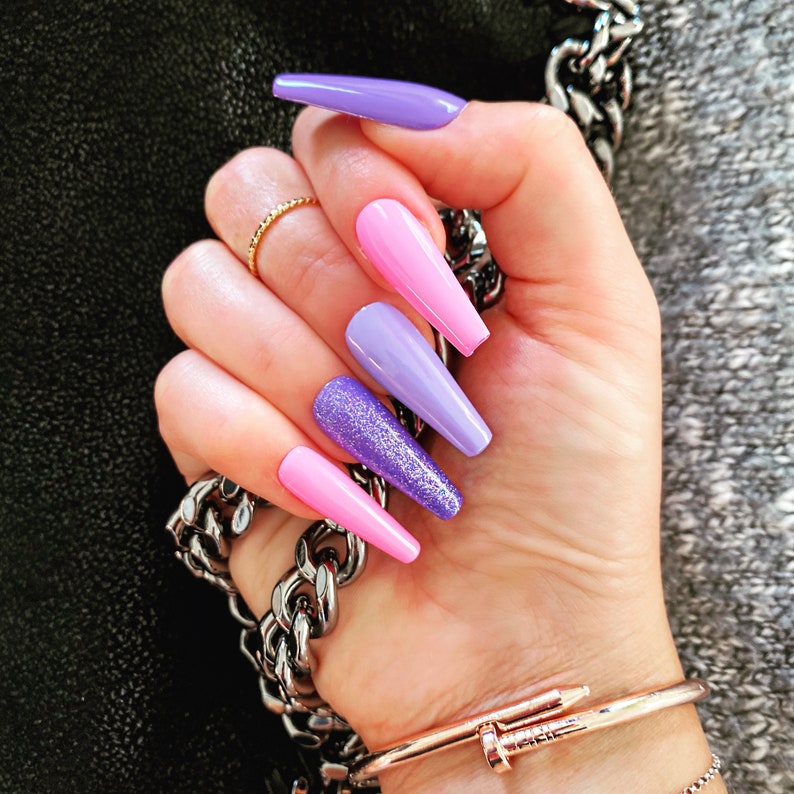 PURPLE PINK MIX / Press on nails/ Purple nails/ Long nails/ Gel nails/ Manicure/ Coffin nails/ Nail design/ Nail art/ Reusable nails image 1