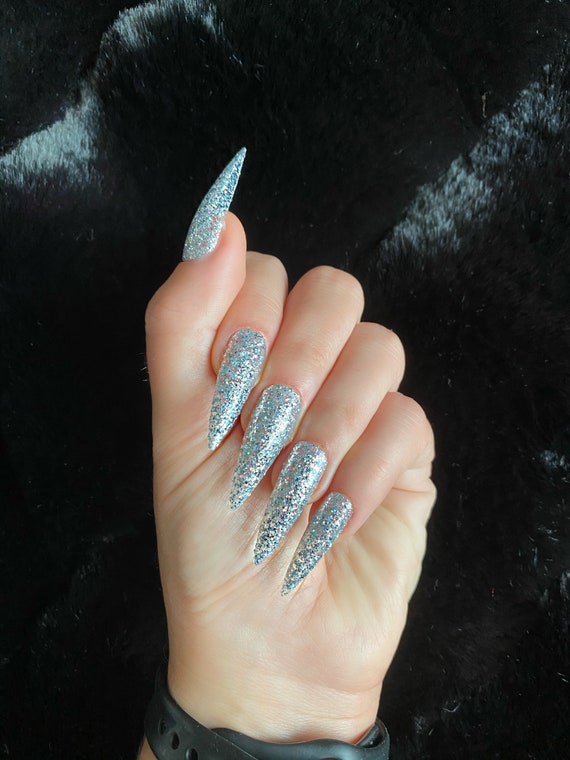 glitzer gleitgel IRIDESCENT GLITTER/ Drücken auf Nägel/ Glitzernägel/ Stiletto Nägel/ Lange  Nägel/ Kleber auf Nägeln/ Silber Nägel/ Irisierende Nägel/  Wiederverwendbare Nägel