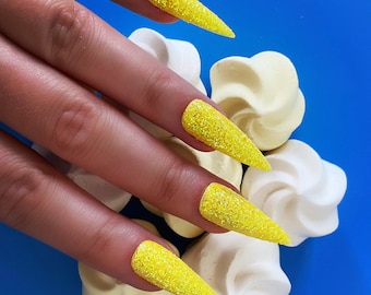 GELE GLITTERSUIKER/ Druk op nagels/ Suikernagels/ Gele nagels/ Naaldnagels/ Glitternagels/ Lange nagels/ Lijm op nagels/ ***Herbruikbare nagels