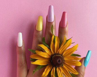 COLOR MIX/ Press on nails / Long nails/ Coffin nails/ Summer nails/ Pink nails/ Yellow nails/ Blue nails/ ***Reausable nails
