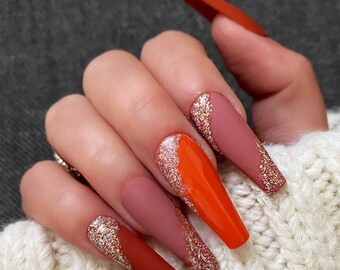 FALL MATTE/ Press on nails/ Coffin nails/ Long nails/ Nude nails/ Fall nails/ Gold nails/ Glitter nails/ Gold glitter nails/ **Reusable