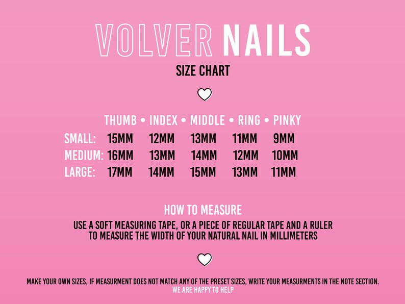 Op de afbeelding: Roze en witte maattabel voor kunstnagels. De tabel geeft de maten voor duim, wijsvinger, middelvinger, ringvinger en pink in millimeters. De maten zijn klein, medium en groot.