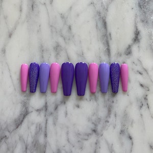 PURPLE PINK MIX / Press on nails/ Purple nails/ Long nails/ Gel nails/ Manicure/ Coffin nails/ Nail design/ Nail art/ Reusable nails image 2