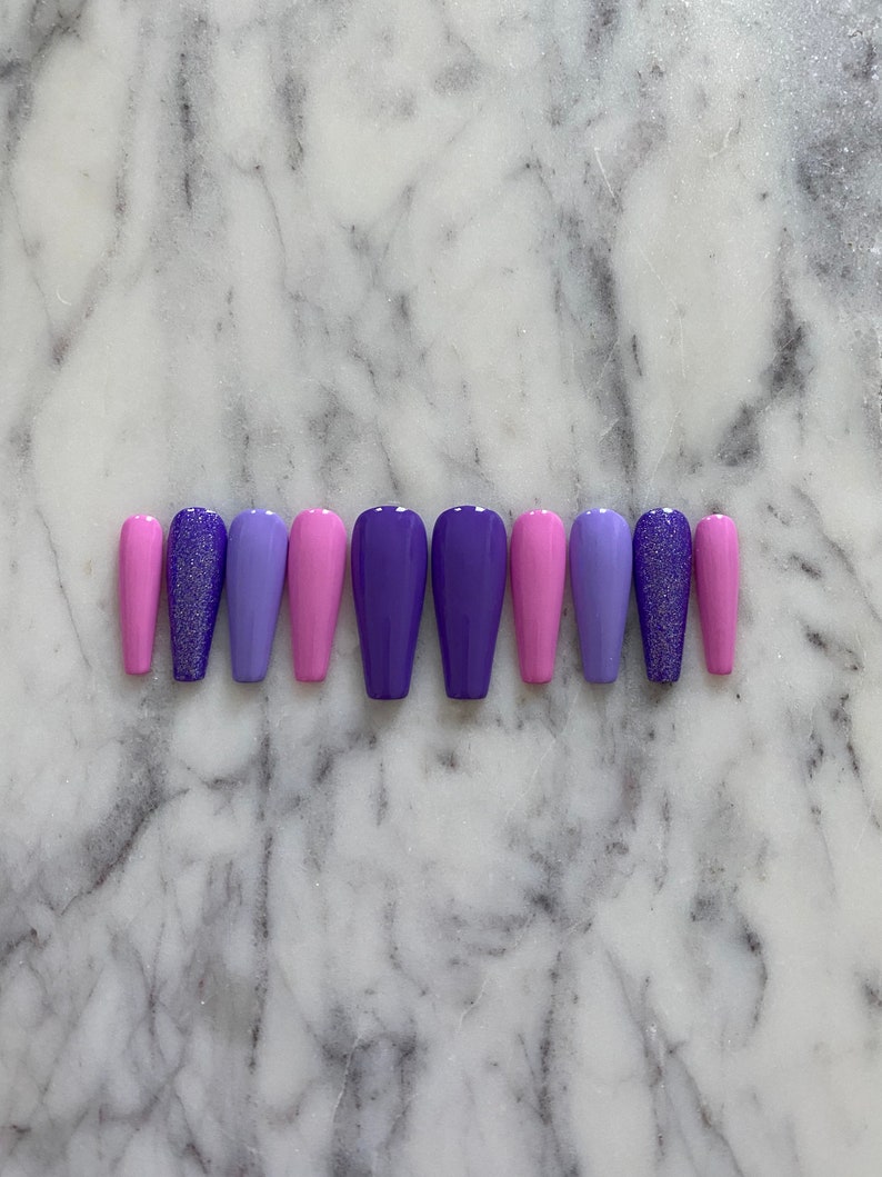 PURPLE PINK MIX / Press on nails/ Purple nails/ Long nails/ Gel nails/ Manicure/ Coffin nails/ Nail design/ Nail art/ Reusable nails image 2