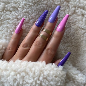 PURPLE PINK MIX / Press on nails/ Purple nails/ Long nails/ Gel nails/ Manicure/ Coffin nails/ Nail design/ Nail art/ Reusable nails image 4