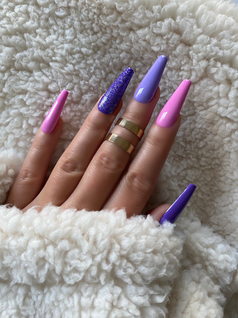 PURPLE PINK MIX / Press on nails/ Purple nails/ Long nails/ Gel nails/ Manicure/ Coffin nails/ Nail design/ Nail art/ Reusable nails image 4