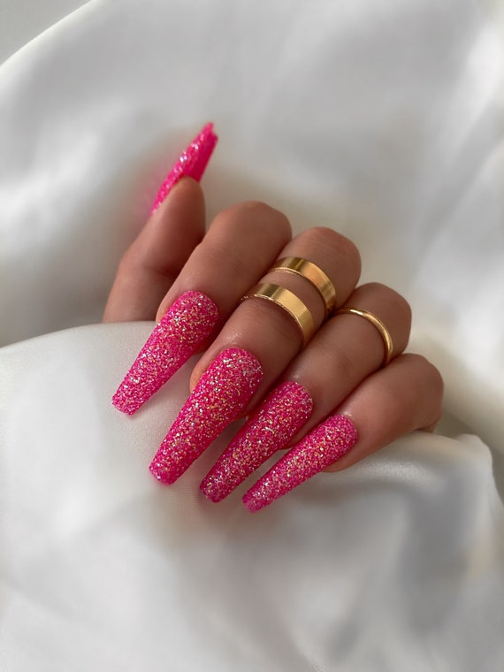 PINK GLITTER SUGAR/ Press on Nails/ Pink Nails/ Coffin Nails