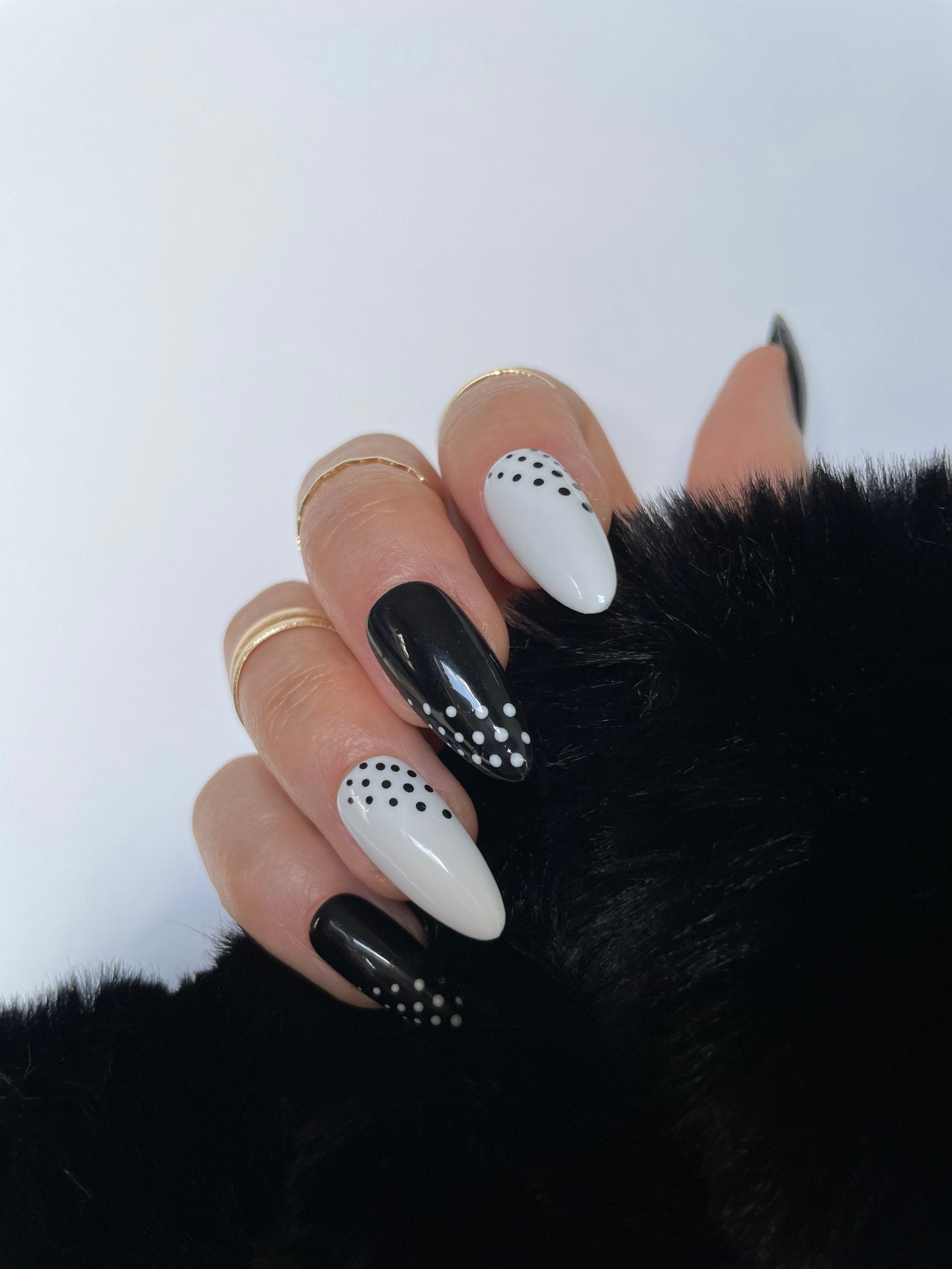 BLACK AND WHITE Press on Nails/ Dotted Nails/ Glue on Nails/ White Nails/ Black Nails/ Almond