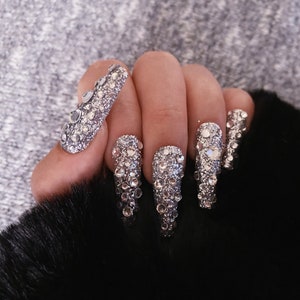 GLITTER BLING/ Press on nails/ Glitter nails/ Sparkly nails/ Crystal nails/ Coffin nails/ Rhinestone nails/  Glue nails *Reusable nails