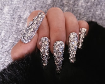GLITTER BLING/druk op nagels/glitter nagels/fonkelende nagels/kristal nagels/kist nagels/strass nagels/lijm nagels *herbruikbare nagels