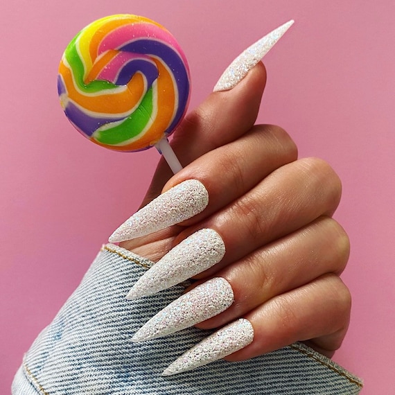 WHITE GLITTER SUGAR/ Press on Nails/ Stiletto Nails/ Long Nails