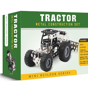 May include: A green box showing a metal tractor construction set. The box reads "TRACTOR METAL CONSTRUCTION SET" and "MINI BUILDER SERIES". The tractor model is silver and black, with large black tyres. The box also lists features like age 8+, 132 pieces, and stainless steel system.