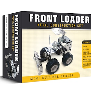 May include: A silver metal construction set of a front loader. The box features the text "FRONT LOADER METAL CONSTRUCTION SET" and "MINI BUILDER SERIES". The box also lists features such as age 8+, 85 pieces, stainless steel system, tools included, and improve your dexterity skills.