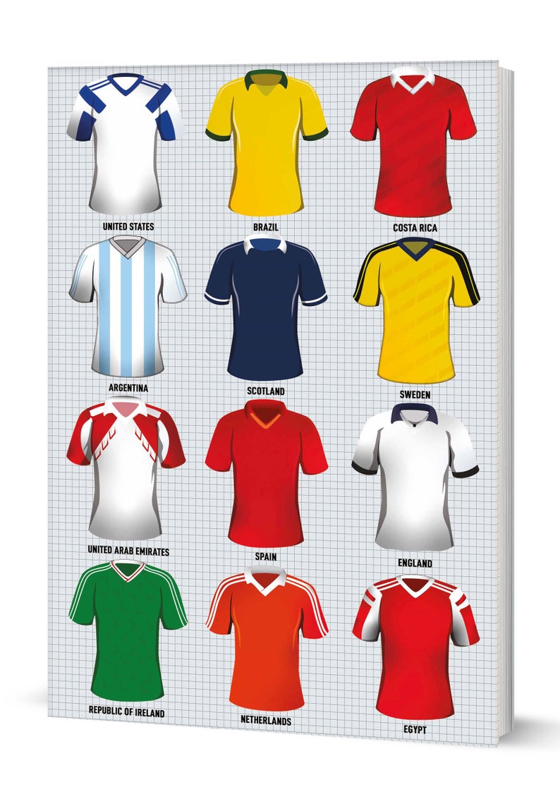 K&ouml;nnte beinhalten: Eine Tabelle mit Fu&szlig;balltrikots aus verschiedenen L&auml;ndern. Die Trikots sind in drei Reihen mit jeweils vier Trikots angeordnet. Die Trikots sind alle wei&szlig;, blau, rot, gelb oder gr&uuml;n. Die dargestellten L&auml;nder sind die Vereinigten Staaten, Brasilien, Costa Rica, Argentinien, Schottland, Schweden, die Vereinigten Arabischen Emirate, Spanien, England, die Republik Irland, die Niederlande und &Auml;gypten.