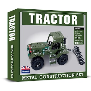 May include: A green metal construction set box with a tractor model. The box displays the word "TRACTOR" in white. The set includes 255 pieces and tools, with a build time of 2 to 4 hours. UK design.