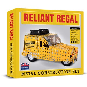 May include: A yellow metal construction set of a Reliant Regal car. The box displays "RELIANT REGAL" and "METAL CONSTRUCTION SET". The model car is yellow with black details and white wheels. The set is for ages 12+ and includes 416 pieces. The UK design is featured.