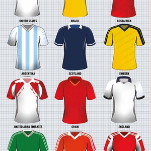 K&ouml;nnte beinhalten: Eine Collage aus 12 Fu&szlig;balltrikots, die jeweils ein anderes Land repr&auml;sentieren. Die Trikots sind in drei Reihen zu vieren angeordnet, wobei der Name des Landes unter jedem Trikot steht. Die Trikots sind alle wei&szlig;, blau, rot, gelb oder gr&uuml;n.