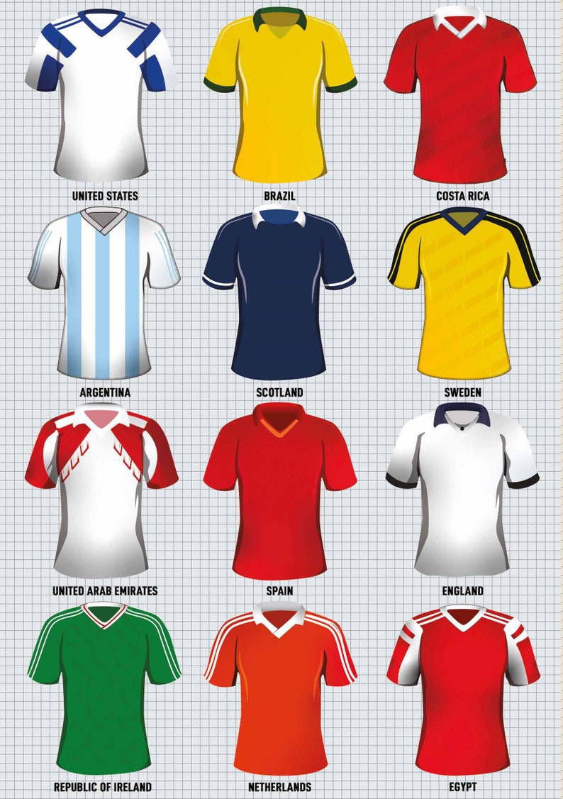 K&ouml;nnte beinhalten: Eine Collage aus 12 Fu&szlig;balltrikots, die jeweils ein anderes Land repr&auml;sentieren. Die Trikots sind in drei Reihen zu vieren angeordnet, wobei der Name des Landes unter jedem Trikot steht. Die Trikots sind alle wei&szlig;, blau, rot, gelb oder gr&uuml;n.