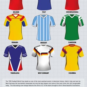 K&ouml;nnte beinhalten: Eine Sammlung von 10 Fu&szlig;balltrikots aus der Weltmeisterschaft 1990. Die Trikots sind in einem Raster angeordnet, wobei die Teamnamen unter jedem Trikot stehen. Die Trikots sind alle in ihren Originalfarben und -designs. Die Trikots sind von folgenden Teams: Belgien, Italien, Tschechoslowakei, Rum&auml;nien, Uruguay, Kamerun, Jugoslawien, Westdeutschland und Kolumbien.