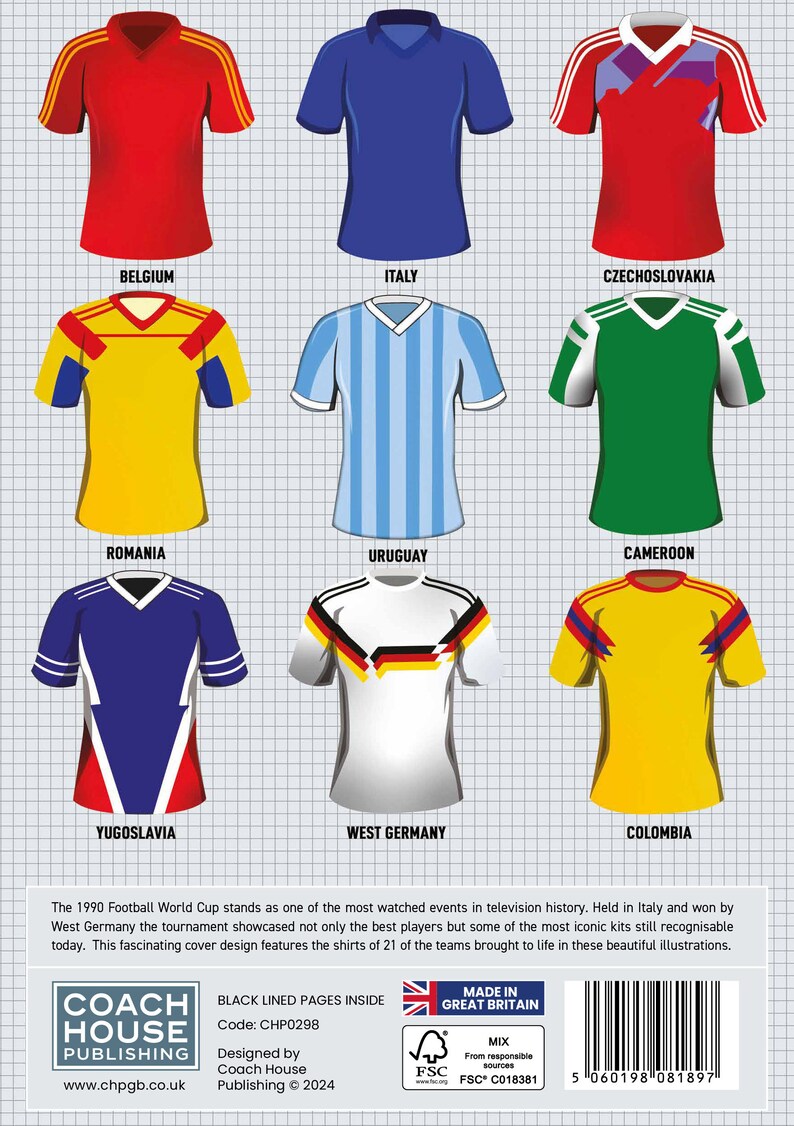 K&ouml;nnte beinhalten: Eine Sammlung von 10 Fu&szlig;balltrikots aus der Weltmeisterschaft 1990. Die Trikots sind in einem Raster angeordnet, wobei die Teamnamen unter jedem Trikot stehen. Die Trikots sind alle in ihren Originalfarben und -designs. Die Trikots sind von folgenden Teams: Belgien, Italien, Tschechoslowakei, Rum&auml;nien, Uruguay, Kamerun, Jugoslawien, Westdeutschland und Kolumbien.