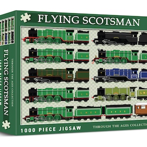 May include: A 1000 piece jigsaw puzzle featuring the Flying Scotsman train in various liveries. The box art shows the train in green, black, blue, and brown. The puzzle is part of the Through the Ages Collection.