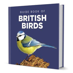 May include: A hardback book titled "Guide Book of British Birds" with a navy blue cover. The cover shows a blue tit bird illustration. The book's spine is white. The text is in white.
