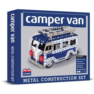 May include: A metal construction set of a camper van in blue and silver. The box displays "camper van METAL CONSTRUCTION SET" and "UK DESIGN". Features include: Age 12+ years, 375 Pieces, Tools Included, Build Time 2 to 4 hours, and a difficulty rating.