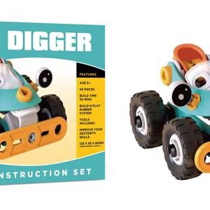 May include: A Build N Play Digger rubber construction set. The toy digger is teal, white, and orange with black wheels. The box is teal with the words "Build N Play Digger" and "Rubber Construction Set".
