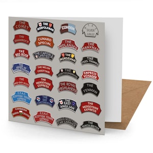 Tarjeta de felicitación con placas de identificación de trenes de vapor (150 x 150 en blanco)