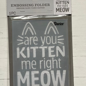 May include: A gray plastic package with a white embossing folder inside. The folder features a white design of cat ears and the text "are you kitten me right meow".