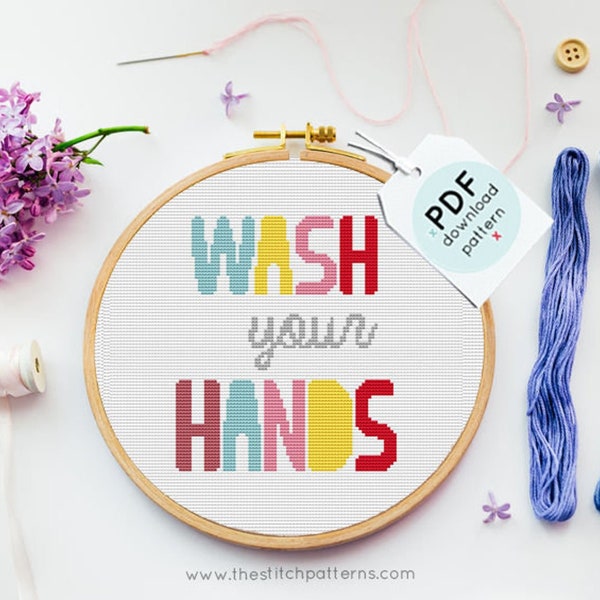 QUARANTINE craft, Wash your hands cross stitch, Cross stitch pattern, nursery cross stitch, chart cross stitch, Modern Cross Stitch,bathroom