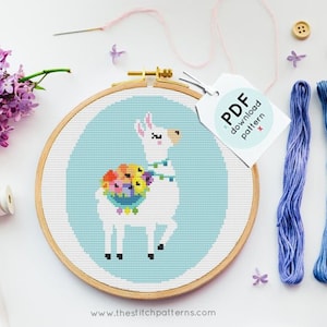 Llama Cross Stitch Pattern,Llama Counted Cross Stitch,llama Embroidery Art, llama PDF Format,nursery cross stitch,floral Alpaca Cross Stitch