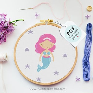 Mermaid cross Stitch pattern, pink mermaid pattern, mermaid pdf pattern,modern cross stitch,girl room decor,girls cross stitch,Nursery decor